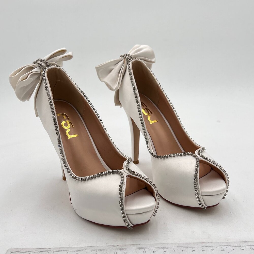 FSJ White Women Fashion Wedding Pumps Open Peep Toe Rhinestones Slip on High